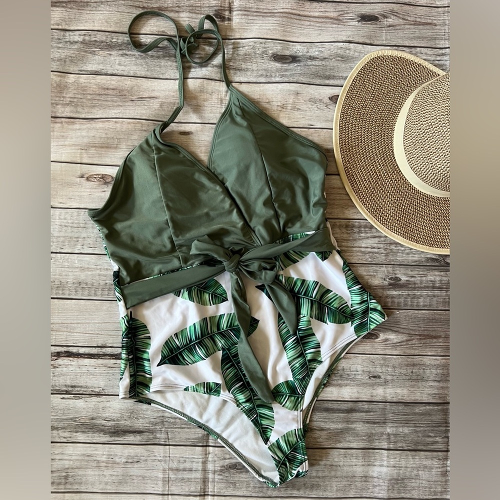 OXL SHEIN Sage Green Tropical one piece PALM LEAF swim suit front tie detail OX